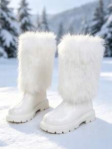 1雙白色人造毛女孩高筒雪地靴，純色PU材質，圓頭，彈性軟底，後拉鍊設計，時尚公主風保暖內裡長靴，適合日常戶外穿著，秋冬新品 - 白色 - 查看 3