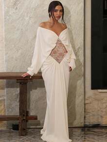 SYchuan Elegant Women's Knitted Long Dress, Long Sleeve Deep V-Neck, Stunning Contrast Lace Details, Suitable For Formal Occasions - Apricot - View 1