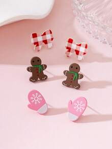 3 Pairs/Set Christmas Cute Gingerbread Man Bow Enamel Design Women's Earrings Set, Perfect Gift For Holiday Parties - Baby Pink - View 3