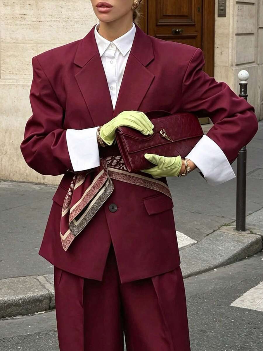 Women's Elegant Burgundy Suit Set With Lining, Collar And Blazer Sleeves, Contrast Trim, Non-Stretch Fabric, Professional Style