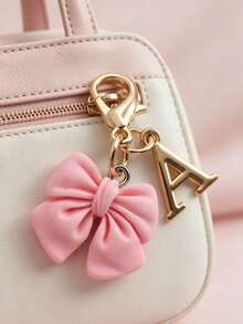 Pink Compact Bowknot Letter A-Z Keychain Pendant, Matching Bag Charm, Seasonal Opening Halloween Interactive Small Gift - Multicolor - View 3