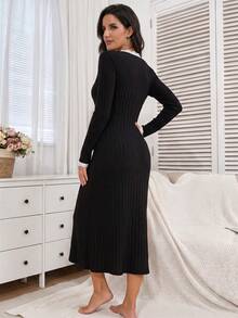 Women's Long Sleeve Ribbed Solid Color Sweet Bow Lace Trim Sexy Slit Fitted Long Dress, Fashionable Elegant Comfortable Nightgown For Spring Autumn Winter - Black - View 2