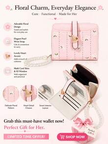 Floral PU Leather Short Wallet, Heart Buckle Card Holder With Pearl Shoulder Strap, Cute Coin Purse With Card Slots - Multicolor - View 10