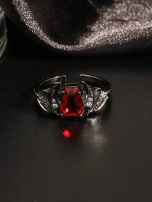 1pc Gothic Style Red Cubic Zirconia Open Ring, Bat Design Dark Style, Unisex, Suitable For Halloween, Easter, Can Be Paired With Gothic Style Clothing - Black - View 5