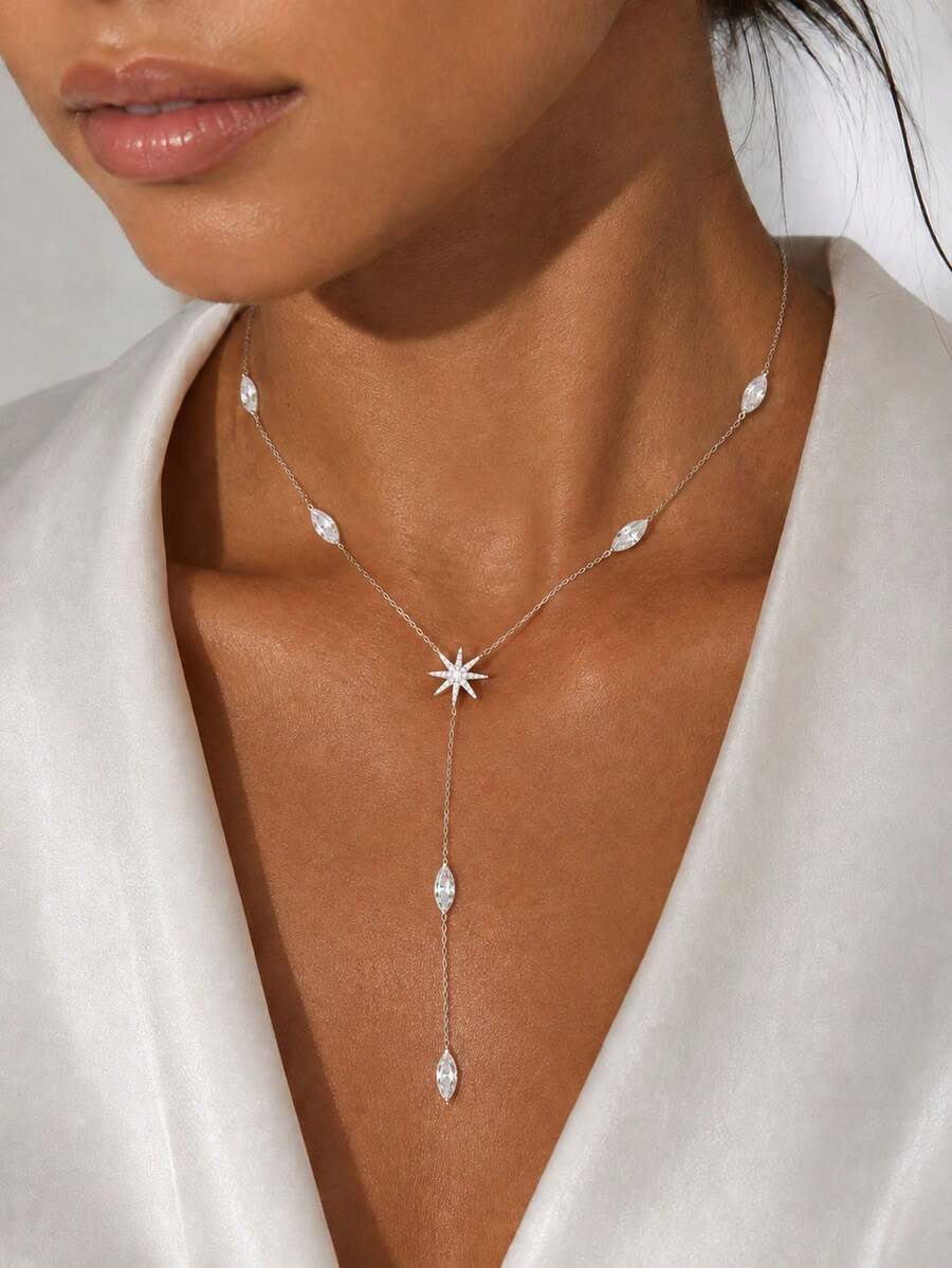 1pc Women's Elegant Rhinestone Star Y-Shaped Necklace With Marquise Crystal Tassel Pendant, Suitable For Wedding, Party, Ball, Date Wear - Y-shape - View 1