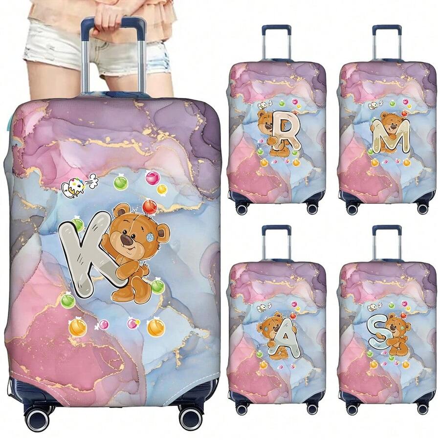 Marble Gradient Background Cute Teddy Bear Letter Luggage Suitcase Cover, Elastic Stretch Luggage Protector Sleeve, Scratch-Resistant Dust-Proof Reusable Travel Accessory - Multicolor - View 1