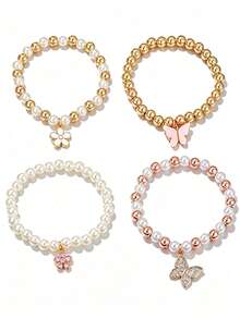 4pcs Cute Butterfly & Flower Pendant Pearl Jewelry Set For Teen Girls, Fashionable Luxury Accessory Bracelet With Elegant Vibe - Multicolor - View 3