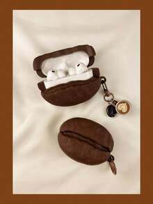 1 Cute 3D Coffee Bean Silicone Earphone Protective Case, For AirPods4/Pro/Pro 2/Pro 3, Shockproof Earphone Protective Case, With Keychain And Latte Charm - Coffee Brown - View 1