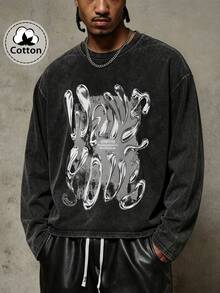 Men's Casual Washed Distressed Crew Neck Long Sleeve T-Shirt - Black - View 1