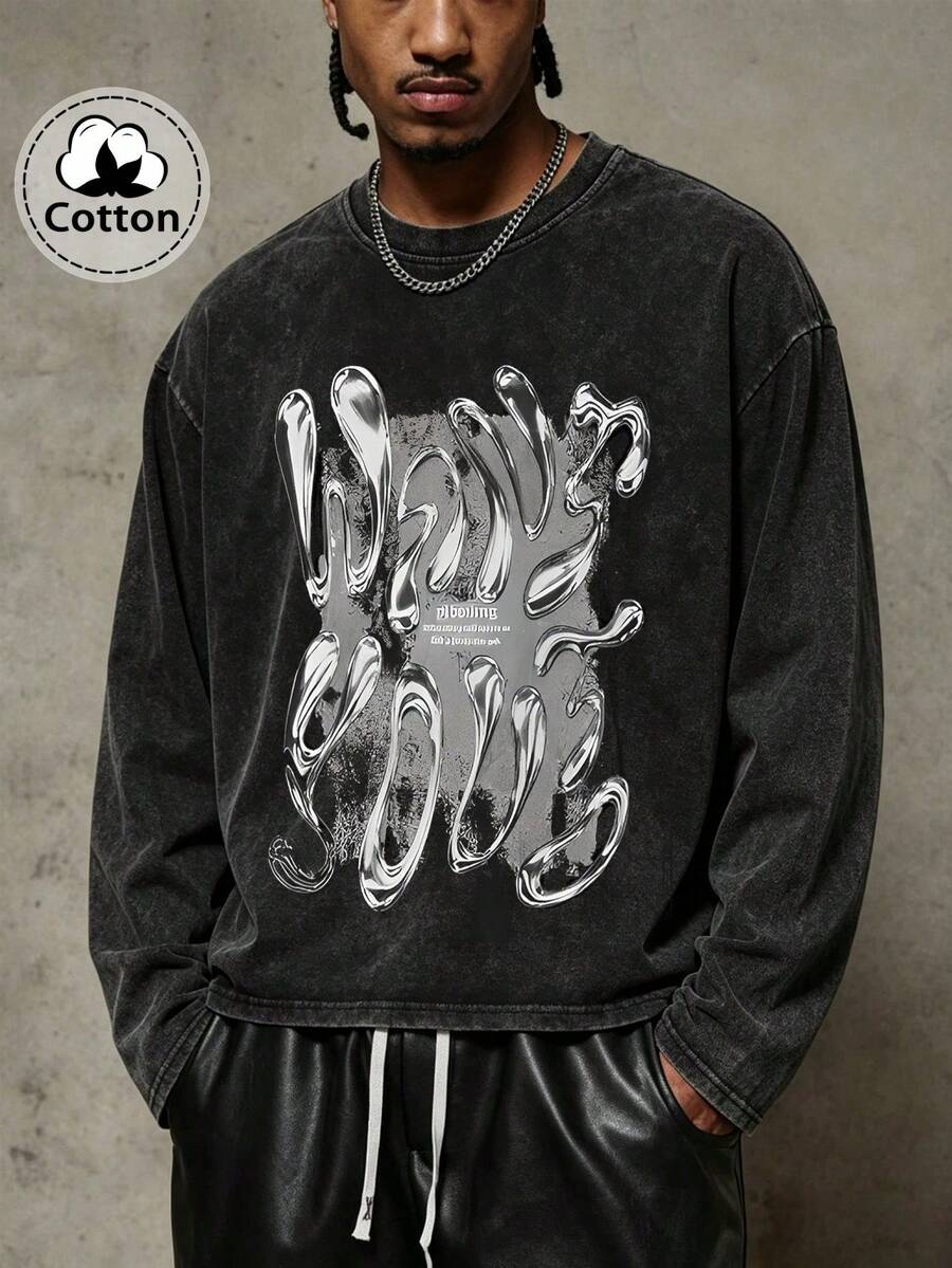 Men's Casual Washed Distressed Crew Neck Long Sleeve T-Shirt - Black - View 1