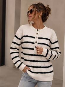 BuyK [Tops]SAKI French Niche Single-Breasted Striped Versatile Half-Open Collar Loose Knit Sweater For Women - Apricot - View 1
