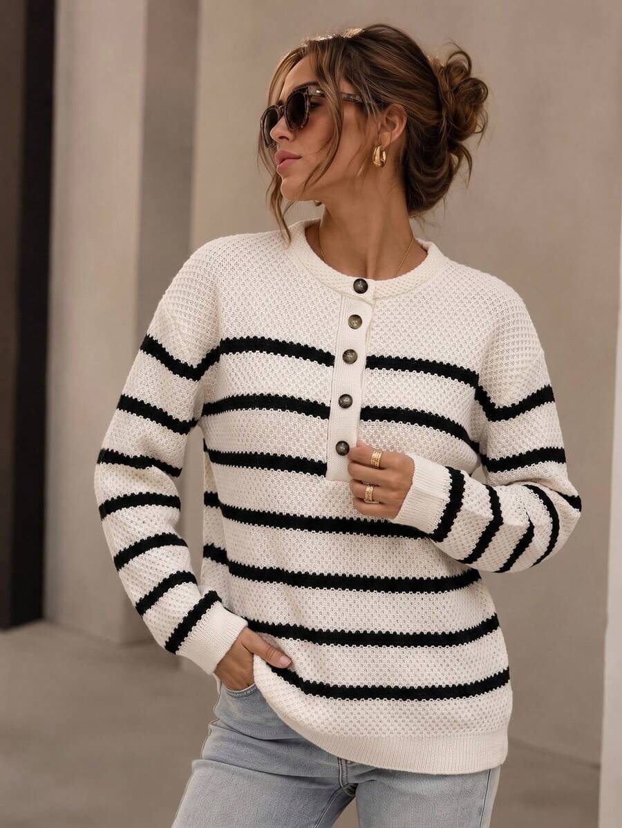 BuyK [Tops]SAKI French Niche Single-Breasted Striped Versatile Half-Open Collar Loose Knit Sweater For Women - Apricot - View 1