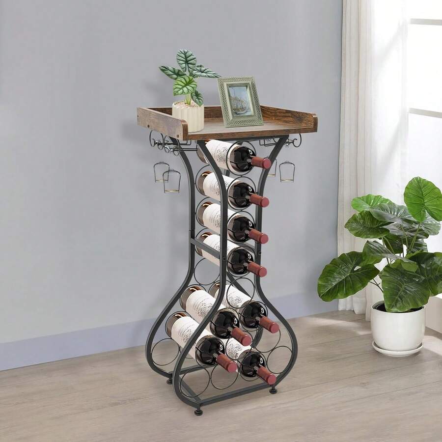 Freistehendes Weinregal für 14 Flaschen, 90 cm Dekorativer Flaschenhalter‑Ständer, Boden‑Weinregal für Küche, Bar, Esszimmer - Schwarz - Übersicht 1