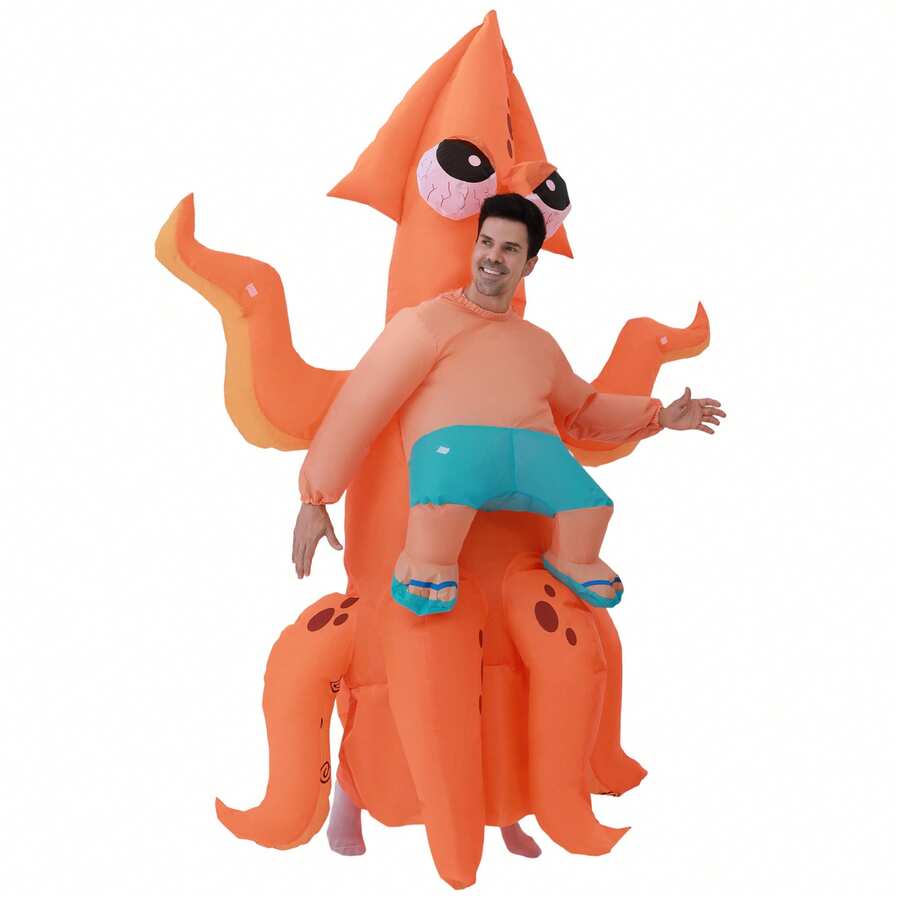 成人充氣章魚造型服,趣味充氣章魚裝扮服,適合聖誕派對、聖誕嘉年華角色扮演新奇派對服飾、萬聖節 - 橘色 - 查看 1