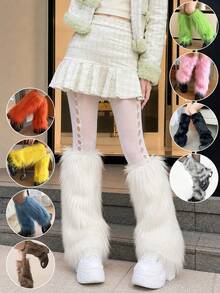 Penghangat Kaki Bulu Imitasi Lembut Gaya Y2K untuk Wanita, Penutup Sepatu Bot Setinggi Lutut Longgar Berwarna-warni, Cocok untuk Pakaian Pesta Jalanan - MultiWarna - View 3