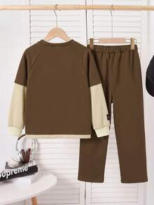Purechapter 2pcs Tween Boys Minimalist Solid Color Colorblock Raglan Sleeve 2 In 1 Crew Neck Sweatshirt, Long Sleeve And Straight Leg Sweatpants Set, Oversize, Letter Patch Design, Casual Preppy Style, Autumn/Winter - Brown - View 3