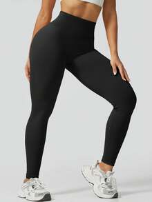 Women's High Waist Seamless Black Leggings, Booty Lift Tummy Control Versatile For Yoga Pilates Gym Workout, Sportswear - Black - View 8