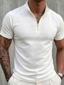 Men's Summer Fashion Raglan Sleeve Zipper Collar Short Sleeve T-Shirt, Suitable For Sports, Fitness And Daily Wear - White - View 7