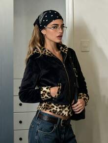 Women's Black Plush Zip-Up Hooded Jacket, Leopard Print Contrast Trim Long Sleeve Cropped Outerwear, Y2K Street Style Jacket, Suitable For Spring, Autumn, Winter, Halloween, Christmas Party, Street And Daily Wear - Multicolor - View 3