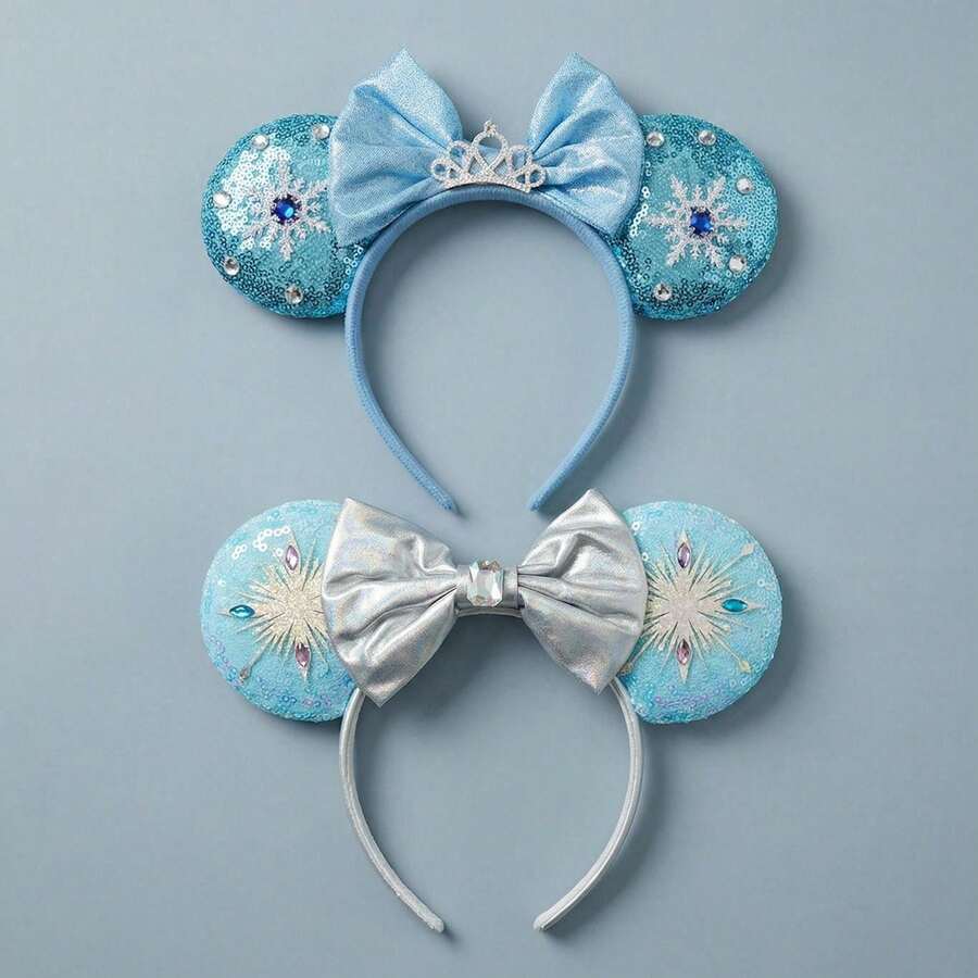 Disney 1pc Frozen Princess Elsa Character Ear Headband, Shiny Light Blue Sequin Snowflake Tiara Bow Cosplay Party Hair Hoop - Multicolor - View 1