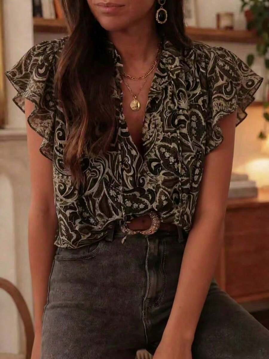 Solstice Apparel Vintage Floral Print Chiffon Blouse, V-Neck Ruffle Trim Flare Sleeve Loose Top, Suitable For Spring And Summer Vacation - Multicolor - View 1