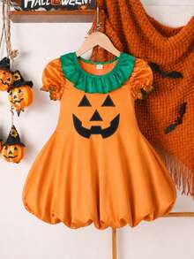 Halloween Girls Toddler Autumn/Winter Pumpkin Head Ghost Face Print Cartoon Cute Heart Ruffle Hem Short Sleeve Dress, Fashion Holiday Party Gift Photo Outfit - Orange - View 2