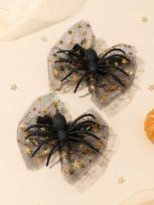2pcs Halloween Spider Decor Gold Star Tulle Bows Alligator Clips Cosplay Costume Photo Prop Party Daily Hair Clips Kids Hair Accessories - Black - View 9