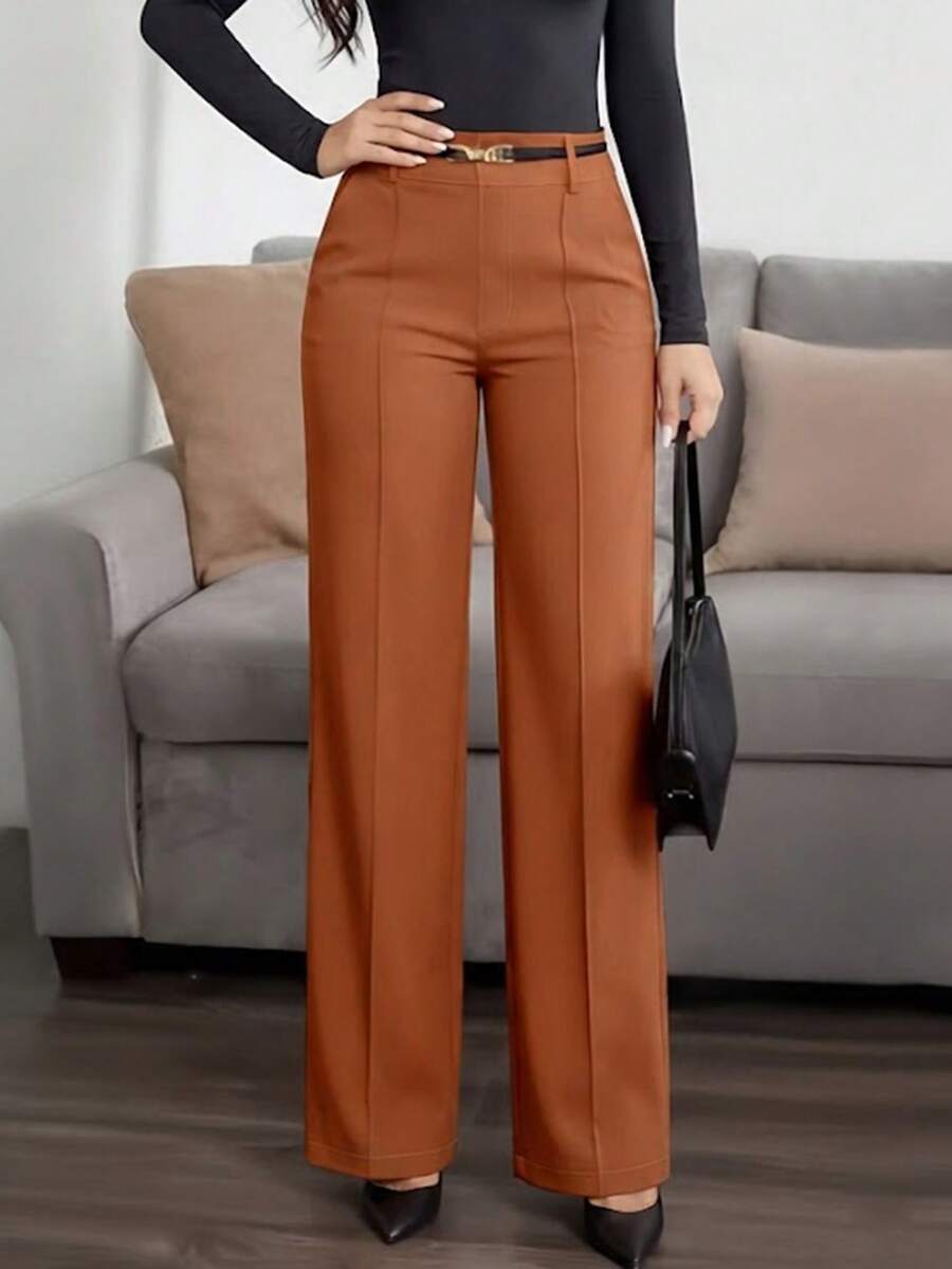 Jisfaneya Women's (No Belt) Solid-Color Pants With Side Pockets And Zippers-Elegant And Casual For The Office And Commute Brown - Brown - View 1