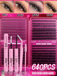 640/200pcs D-Curl Single Lash Extensions Large Capacity Lash Book, Includes Adhesive And Sealer, Tweezers, Brush, DIY Home Lash Extension Kit For Beginners, Easy To Use, Fluffy Dense Natural Look, Suitable For Daily/Light/Heavy/Cosplay Makeup - Rose Red - View 9