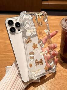 1pc Fashion Autumn Theme Coffee Cup Design Phone Case With Maple Leaf And Bow Print Pattern, Suitable For IPhone18 18pro 18promax 17 17pro 17 Pro Max, 16promax 16 Plus, 15, 14, 13, 12 And 11 Models, Autumn Fashion Phone Case - Clear - View 1