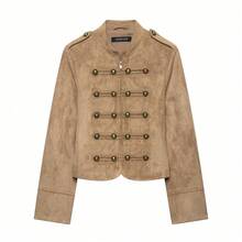 THREADLY Autumn New Women's European And American Style Fashion Minimalist Versatile Long Sleeve Knot Button Suede Texture Jacket - Brown - View 3