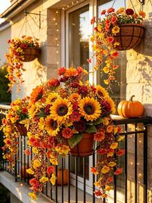 1 Set Autumn Artificial Sunflower & Morning Glory Vine - Rusty Orange & Red Mixed Tone Hanging Design, Suitable For Living Room And Halloween Home Decor - Orange - View 11