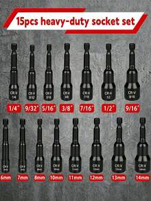 Set 15 buah Mata Bor Obeng Mur Magnetik CR-V, Mata Bor Soket Metrik SAE Gagang Heksagonal 1/4", Soket Mur Tugas Berat dengan Kotak Penyimpanan Cangkang Keras, Cocok untuk Bor Listrik, Perbaikan Mobil, dan Proyek DIY Rumah Tangga - set 15 buah - View 3