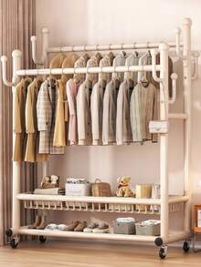 Double‑Rod Metal Garment Rack With Wheels, Thickened Clothes Drying Rack, Freestanding Movable Clothes Hanger Stand, With Double‑Tier Bottom Storage Shelves & Side Hooks, Bonus Hangers Included, For Bedroom Entryway Household Clothes Storage - Multicolor - View 3