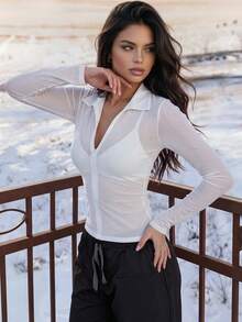 Aflion Women Summer White Collar Zip Up Long Sleeve Fitted Mesh Shirt, Slim Cropped Sheer Top Fall Daily Outfit - White - View 1