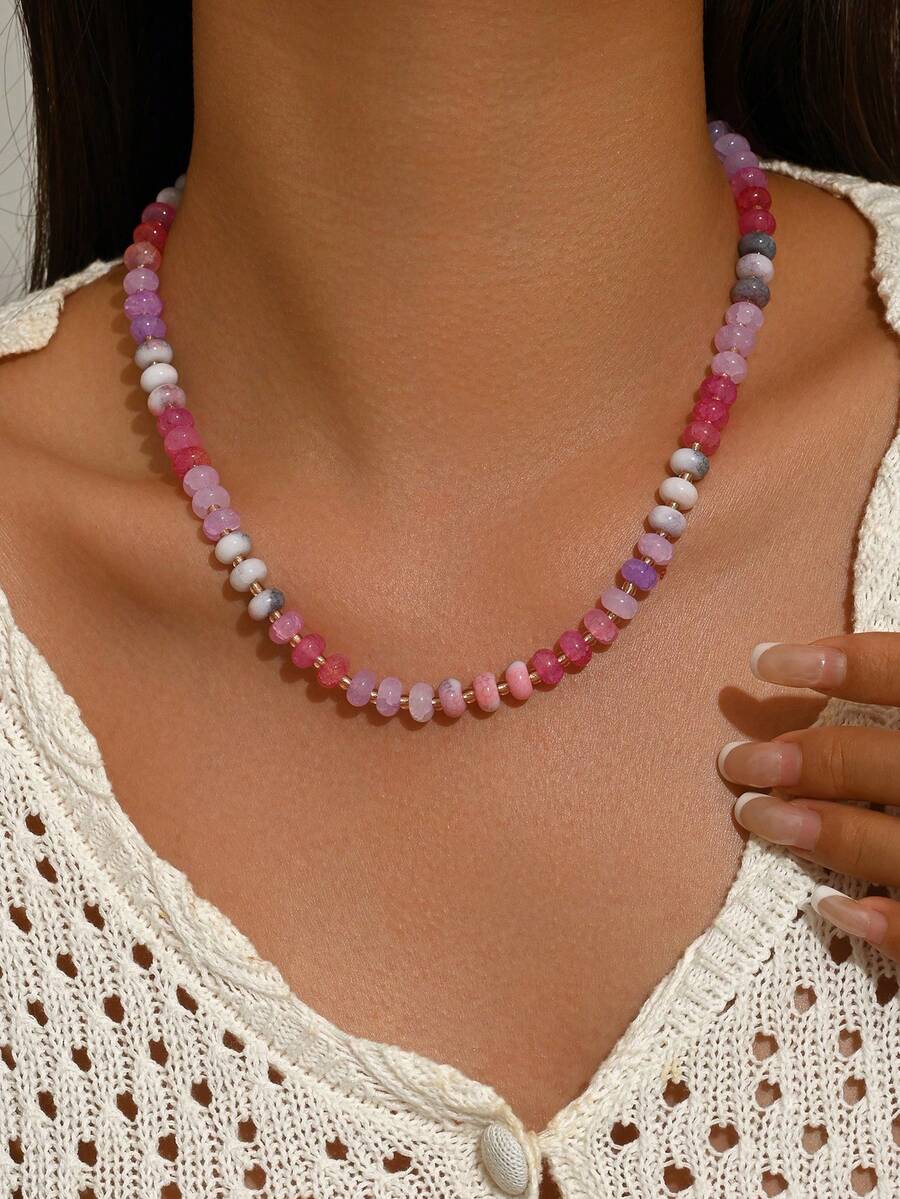 1pc Bohemian Rainbow Color Spacer Bead Necklace, Women's Daily Beach Vacation Wear, Multi-Color Flat Bead Jewelry - Purple - View 1