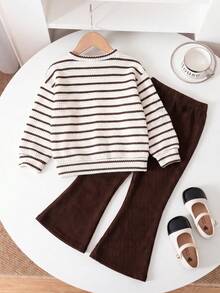 Girls' Autumn Fashion Round Neck Striped Bow Knit Ribbed Pullover Top With Knit Elastic Flared Long Pants - Brown - View 3