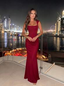 Women's Sleeveless Backless Draped Mermaid Dress With Back Tie Design, Perfect For Formal Occasions And Parties - Burgundy - View 3