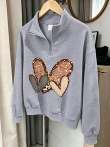 2pcs/Set Teen Girls Half-Zip Sweatshirt With Heart Print And Simple Casual Flare Pants, Autumn/Winter Fashion Outfit - Grey - View 4