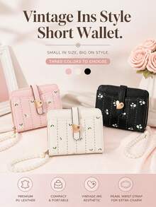 Floral PU Leather Short Wallet, Heart Buckle Card Holder With Pearl Shoulder Strap, Cute Coin Purse With Card Slots - Multicolor - View 2