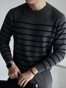 Men's Gray & Black Contrast Striped Crew Neck Textured Knit Sweater, Long Sleeve Pullover, Casual Commute Inner Layer Top, Autumn/Winter - Dark Grey - View 6