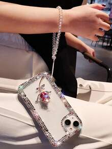 Fashion Luxury 3-Row Glass Crystal Frame Metal Rhinestone Rose With Crystal Pendant Chain Phone Case, Anti-Drop Transparent Protective Shell Compatible With Iphone - Red - View 2