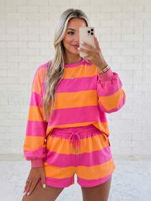 Acelitt Women's Pink & Orange Wide Striped Crew Neck Top & Drawstring Shorts 2 Pieces Casual Set Elegant - Multicolor - View 1