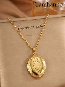 1pc Minimalist Openable Stainless Steel Patterned Photo Frame Pendant Necklace, Suitable As A Commemorative Gift For Loved Ones - Gold - View 4