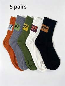 1/5 Pairs Men's 7A Antibacterial Mid-Calf Socks, Letter Logo Contrast Color Ribbed Cuff, Breathable Odor-Resistant Elastic Non-Slip, Casual Sports Daily Multi-Color Combination Socks - Multicolor - View 10