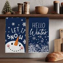 MEMNUN 2 Pcs Deep Blue Snowflake Winter Cartoon Snowman Printed Pattern Kitchen Towels Dish Cloths, Ultra-Fine Microfiber Polyester Material, Let It Snow Hello Winter Winter English Slogan Holiday Decorative Hand Towels Christmas Home Fabric Hanging Towels, Home Decor, Kitchen Decor, Christmas Decor, Suitable For Restaurant Kitchen, Holiday Decoration And Gift Giving, 40*60cm/45*70cm - Multicolor - View 1