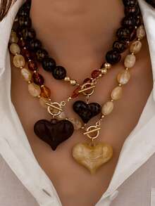 1/3pcs Chunky Heart Necklace, Vintage Multicolor Exaggerated Style, OT Clasp Women's Jewelry Gift - Multicolor - View 14