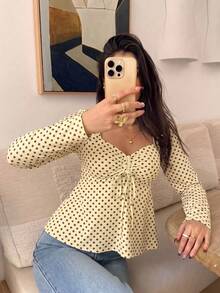 Casual Fashion Polka Dot Square Neck Ruched Tie Front Ruffle Long Sleeve T-Shirt Top, Autumn/Winter New Style, Versatile For Daily Wear - Yellow - View 3