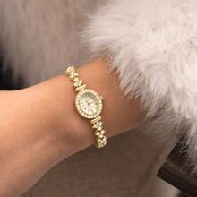 1pc Vintage Gold Oval Quartz Women's Wristwatch, Rhinestone Elegant Dial, Suitable For Daily Wear, Jewelry Gift - Style 1 - View 4