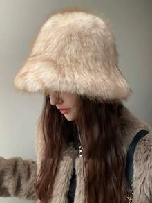 Autumn Minimalist Faux Fox Fur Bucket Hat, Thick Warm Plush Hat, Cold-Proof Versatile Ear-Flap Hat, Face-Slimming Bucket Hat - Multicolor - View 3